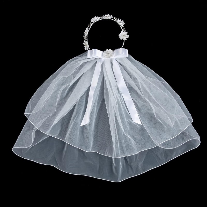 DDazzling Flower Crown Girls First Communion White Floral Wreath Lace Veil - Image 3